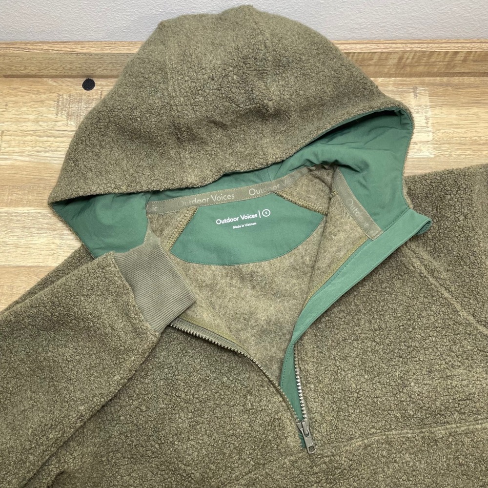 Outdoor Voices MegaFleece Half Zip Hoodie Olive Green Wool Blend Small Pocket